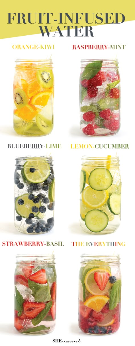 Get in your daily water quota with this Fruit-Infused Water - 6 ways! From berries, to citrus, to cucumber and herbs Fruit Infused Water Recipes, Sommer Mad, Resep Smoothie, Homemade Detox, Infused Water Recipes, Resep Diet, Fruit Infused Water, Detox Water Recipes, Makanan Diet