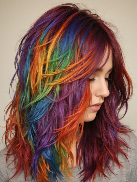 Hidden Rainbow Hair Short, Sunrise Hair Color, 2024 Haircolor, Crazy Color Hair Ideas, Rainbow Prism Hair, Crazy Hair Color Ideas, Silver Hair Ideas, Coloured Hair Extensions, Rainbow Hair Ideas