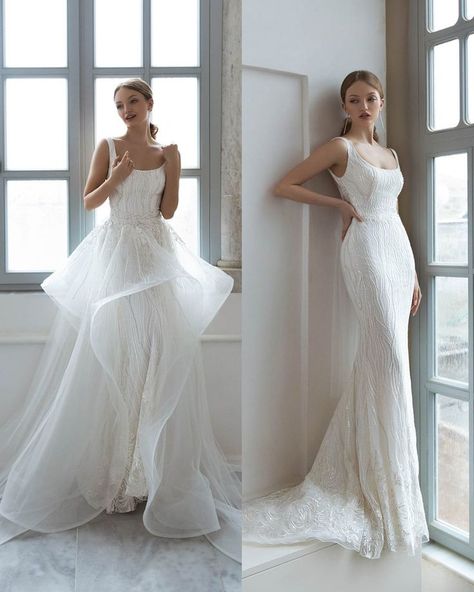 18 Smart Convertible Wedding Dress Ideas For Brides ❤ convertible wedding dress with overskirt karlozi #weddingforward #wedding #bride Long Detachable Train Wedding Dress, Sheath Wedding Dress With Detachable Skirt, Wedding Dress Convertible Skirt, 2 Looks Wedding Gown, Plus Size Wedding Dress With Overskirt, Convertible Wedding Dress Two Piece, Wedding Dress With Removable Overskirt, Wedding Dresses That Detach, Removable Overskirt Wedding Dress