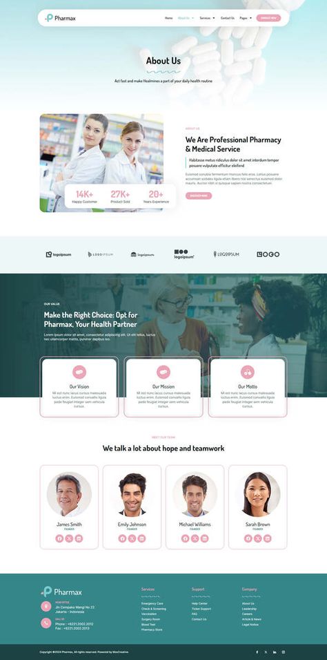 Pharmax - Pharmacy & Medical Elementor Pro Template Kit by moxcreative About Us Page Design, Service Website, Modern Layout, Health Routine, About Us Page, Medical Services, Website Design Inspiration, Page Design, Pharmacy