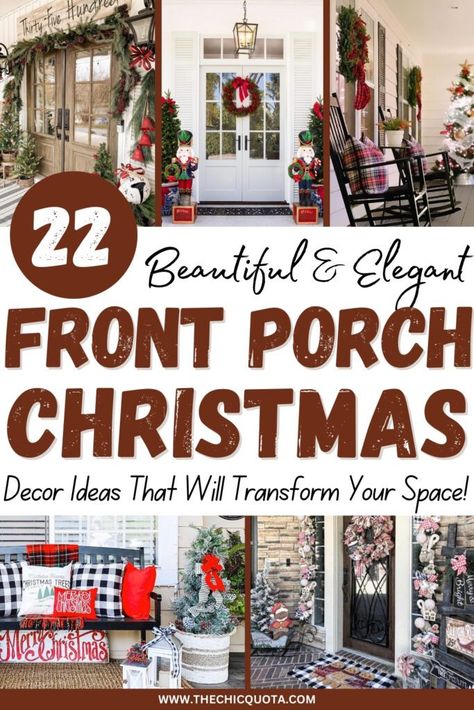 Christmas Porch Decor Farmhouse, Front Porch Christmas Tree Decor, Christmas Porch Photo Shoot, Front Porch Christmas Decorations Ideas, Front Step Christmas Decor, Christmas Tree Front Porch, Outdoor Christmas Porch Decor, Cozy Front Porch Ideas, Christmas Porch Ideas