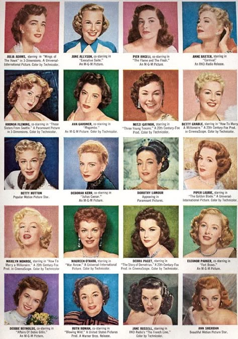 Retro Hair Chart. 40s Mode, Hair Chart, Stars D'hollywood, 1950s Hairstyles, 50s Hairstyles, 1940s Hairstyles, Evening Hairstyles, Retro Hair, Pin Curls