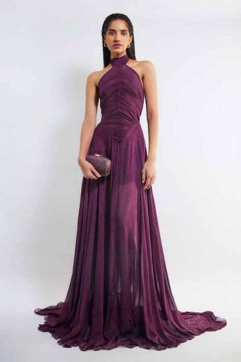 Buy Purple Malai Lycra Plain Halter Neck Kerstin Ruched Pleated Gown For Women by Deme by Gabriella Online at Aza Fashions. Ruched Gown, Pleated Gown, Drape Gowns, Ruched Maxi Dress, Wedding Guest Attire, Wedding Attire Guest, Guest Attire, Ladies Gown, Dream Dresses