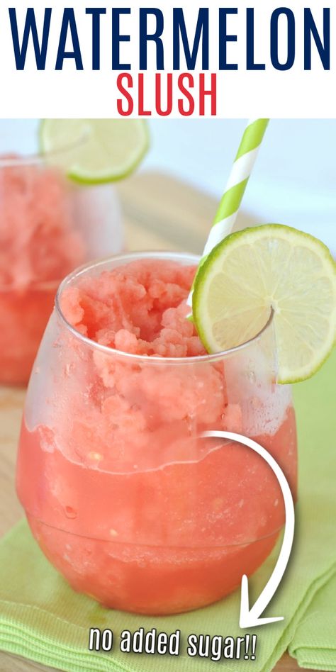 A quick, refreshing slush made using frozen watermelon, lime juice, and water! This Watermelon Slush is perfect for summer sipping or for bringing summer vibes to your home any time of year. Watermelon And Basil Drink, Watermelon Water Recipe, Leftover Watermelon, Watermelon Slush, Perfect Watermelon, Watermelon Juice Recipe, Watermelon Slushie, Watermelon Smoothie, Slush Recipes