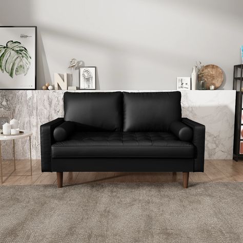 George Oliver Tolya 57'' Square Arm Loveseat & Reviews | Wayfair Black Loveseat, Mid Century Loveseat, Tufted Loveseat, Leather Sofa Living Room, Bolster Pillows, Faux Leather Sofa, Sofa Review, Premium Sofa, Black Sofa