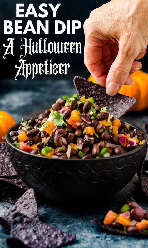 Halloween Treats And Appetizers, Halloween Chips And Salsa Ideas, Halloween Party Buffet Food, Savory Office Treats, Friday 13 Food Ideas, Orange And Black Food Ideas, Cheap Halloween Appetizers For Party, Black Food For Halloween, Spooky Bean Dip