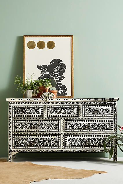 Beautiful to the bone: Bone inlaid tiles take an ordinary piece from meh to marvelous with maximalism drama and geometric designs (saves for “bone inlay” +207%) Bone Inlay Nightstand, Bone Inlay Dresser, Three Drawer Dresser, Bone Inlay Furniture, Hanging Furniture, Inlay Furniture, Flat Woven Rug, Bone Inlay, Unique Furniture