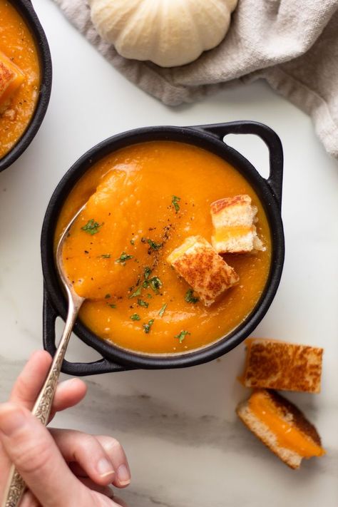 hand holding spoon in bowl of garnished soup Tamale Dip Recipe, Lasagna With Cottage Cheese, Harvest Soup, Beef Stew Meat Recipes, Grilled Cheese Croutons, Cheese Croutons, Turkey Tenderloin, Pureed Soup, Rustic Autumn