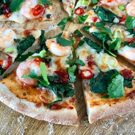 Prawn Pizza, Fresh Pizza, Chilli Prawns, Crispy Pizza, Pizza At Home, Chilli Jam, Prawn Shrimp, Prawn Recipes, Straight Back