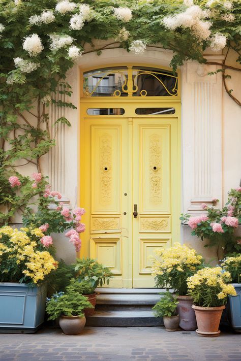 A bright yellow door in Paris, radiating the sunshine and vibrancy that characterizes the City of Light Yellow And Pink Aesthetic, Pink And Yellow Aesthetic, Yellow Front Doors, Yellow Door, Porch Doors, California Modern, Doors And Floors, Yellow Doors, Front Door Entrance