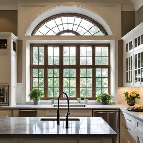 #beautiful kitchen design #kitchen layout Arch Kitchen Window, Arched Kitchen Window, Kitchen Window Above Sink, Big Kitchen Window, Arched Kitchen, Window Above Sink, Kitchen Sink Window, Above Sink, Beautiful Kitchen Designs