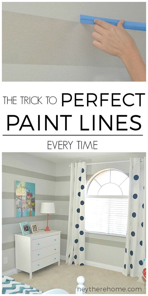 Easy painting tip! How to paint perfect paint lines even on textured walls with just this one easy extra step. You've got to do this if you're painting stripes on walls!  #paintingtips #wallcolor #griege #stripes #DIY #paint #color #DIYtips #DIYproject #kidsrooms #kidbedrooms #accentwall #focalwall via @heytherehome Painting Stripes On Walls, Painting Walls Tips, Painting Walls, Striped Walls, Paint Stripes, Paint Line, Interior Paint Colors, Decoration Inspiration, Painting Bathroom