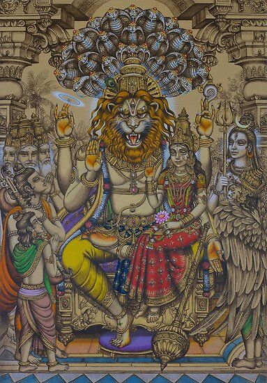 Original painting, acrylic on canvas, size 72×50 cm. / www.vrindavanart.com / This is a series of paintings of 10 avataras of Lord Vishnu for Mseum of Sacred art, Belgium / Shree Narasimha is Vishnu Avatar. He is a great protector of his devotees.   He has come to protect his devotee Prahlada … • Millions of unique designs by independent artists. Find your thing. Lakshmi Narsimha, Lakshmi Narasimha, Tiger Photography, Lakshmi Narayan, Shri Radhe, Srila Prabhupada, Lord Vishnu Wallpapers, Hinduism Art, Vedic Art