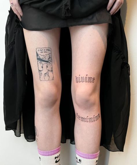 Minimal Knee Tattoos Women, Horizontal Above Knee Tattoo, Divine Feminine Tattoo Above Knee, Divine Feminine Knee Tattoo, Thigh Knee Tattoos Women, Female Above Knee Tattoo, Knee Writing Tattoo, Knee Lettering Tattoo, Knee Tattoos Words