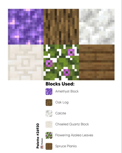 Amethyst Block Minecraft, Amethyst Color Palette Minecraft, Amethyst Ideas Minecraft, Minecraft Quartz House Ideas, White Block Palette Minecraft, Mc Amethyst Builds, Minecraft Nature Bedroom Ideas, Oak Block Pallets Minecraft, Minecraft Blocks That Go Together