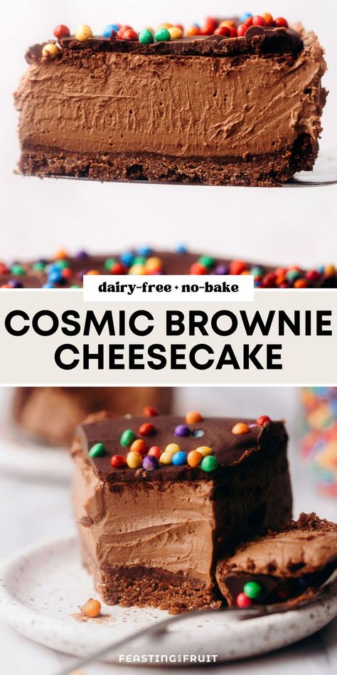 Dig into a slice of this decadent cosmic brownie cheesecake with a chocolate crumb crust, silky dairy-free no-bake cheesecake filling, and nostalgic candy sprinkle top! Chocolate Crumb Crust, Dairy Free Ganache, Feasting On Fruit, Clafoutis Recipes, Crumb Crust, Chocolate Crumbs, Cosmic Brownies, Brownie Cheesecake, Dairy Free Cream