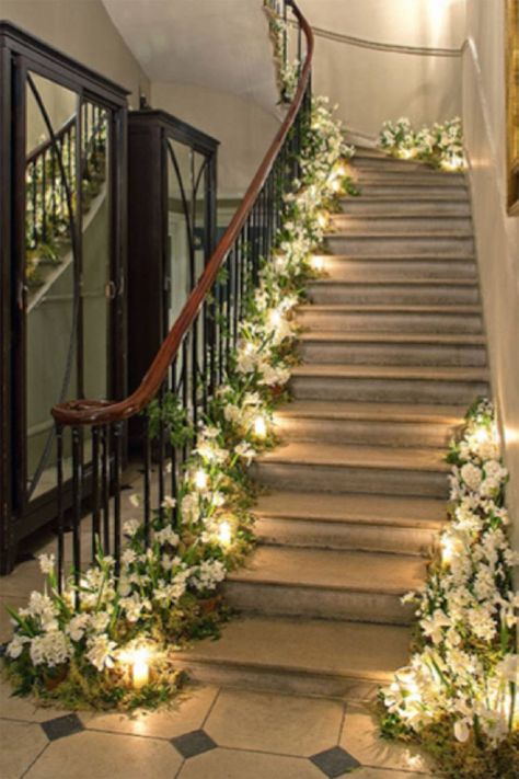 Flowers By Season, Wedding Staircase Decoration, Wedding Stairs, Staircase Decoration, Wedding Staircase, Orchids Wedding, Philippa Craddock, Cheap Wedding Flowers, Elegant Garden