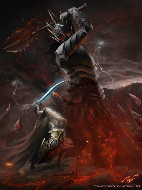 The Last Stand (Fingolfin vs Morgoth) by Morkt | Deviant Art | This a representation of my favourite event of the Legendarium of JRR Tolkien, The Silmarillion. Here, Fingolfin, the most great and strong Elf, challenge Morgoth to fight, for the destiny of his p... Fingolfin Vs Morgoth, Melkor Morgoth, Tolkien Hobbit, The Silmarillion, John Howe, Shadow Of Mordor, Middle Earth Art, Lotr Art, Tolkien Art