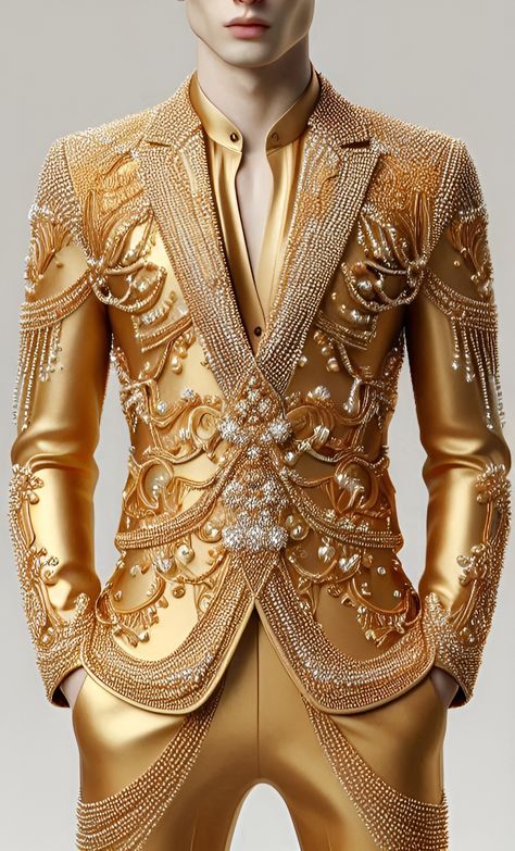 👔👔Men's Clothing👔👔Made with AI @Copyright by អាណាចក្រសម្រស់ [[ Beauty Empire ]] 🇰🇭 Gold Suits For Men, Gold Suit Men, Fashion Sketches Men, King Dress, Award Show Dresses, Mens Winter Fashion Outfits, Prince Costume, Gold Suit, Magical Dress