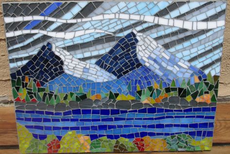 My attempt to copy Terry Nichols' High Country Mountain Mosaic, Mosaic Walls, Landscape Mosaic, Stained Glass Mosaic Art, Mosaic Painting, Small Toilet Room, Mosaic Garden Art, Glass Mosaic Art, Toilet Room