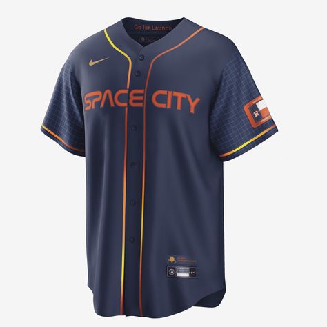 The MLB Houston Astros City Connect Jersey helps deliver a comfortable fit with its polyester material. It features an authentic design with NASA-inspired details dedicated to Space City to help give you an exclusive look on game day. Mlb Uniforms, Alex Bregman, José Altuve, Sport Clothing, Jersey Outfit, Space City, Authentic Design, Jersey Design, Houston Astros