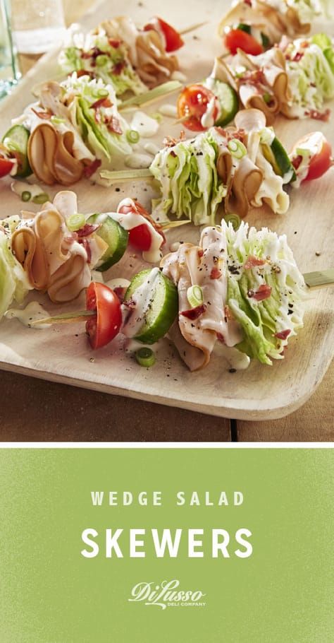 Refreshing and bright, these Smoked Chicken Wedge Salad Skewers are excellent for sharing at al fresco gatherings. They’re piled high with cherry tomatoes, cucumbers, iceberg lettuce and DI LUSSO Applewood Smoked Chicken. Then topped with crispy bacon crumbles, creamy dressing and sliced green onions. Wedge Salad Skewers, Chicken Wedge Salad, Applewood Smoked Chicken, Salad Skewers, Wedge Salad, Creamy Dressing, Iceberg Lettuce, Smoked Chicken, Idee Pasto Sano