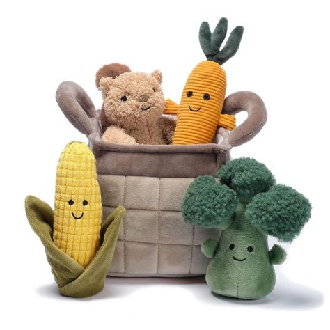 Set includes 3 playful veggies (1 broccoli, 1 ear of corn, 1 carrot) ,a happy little squirrel, and a velour basket. Affiliate link Tractor Room, Veggie Basket, Soft Basket, Ear Of Corn, Sew Baby, Lambs & Ivy, Baby Dino, Dinosaur Plush, Elephant Plush