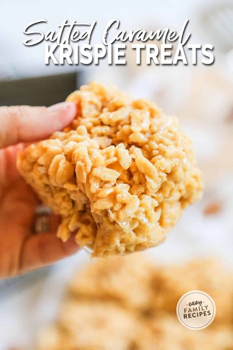 With warm caramel flavors highlighted by a light sprinkle of salt, these Salted Caramel Rice Krispie Treats take Rice Krispie treats over the top–in the very best way! The sweet and salty combination of these caramel Rice Krispie treats recipe is SO irresistible. This recipe for caramel rice krispie bars is super easy and everyone will love them! Salted Caramel Rice Krispie Treats, Caramel Rice Krispie Treats, Recipe For Caramel, Rice Krispie Treats Recipe, Rice Krispie Bars, Caramel Treats, Gooey Caramel, Krispie Treats Recipe, Yummy Desserts Easy