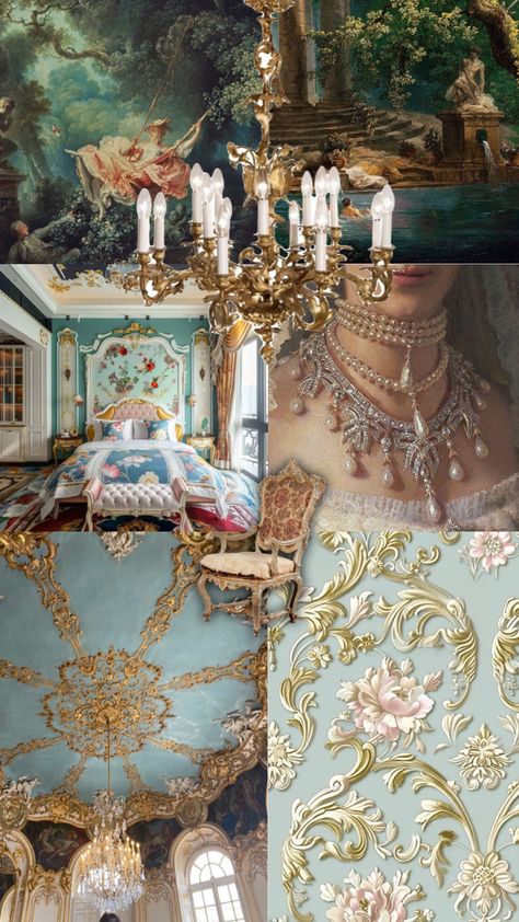 Rococo Moodboard #rococo #rococoaesthetic #rococoarchitechture #rococopainting #rococofashion #artmoodboard #artmovement #arthistory #blue #teal #turquoise #gold Rococo Moodboard, Rococo Painting, Rococo Aesthetic, Rococo Era, Classical Interior, Rococo Fashion, Teal Turquoise, Blue Teal, Art Movement