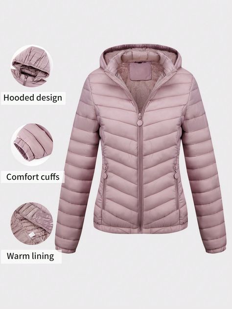 Women's Stylish And Lightweight Hooded Padded Coat With Pockets, Puffer Jacket For Autumn And Winter Baby Pink Casual  Long Sleeve Woven Fabric Plain Puffer Non-Stretch Fall/Winter Women Clothing, size features are:Bust: ,Length: ,Sleeve Length: Outerwear Women Winter, Thermo Leggings, Knitted Hood, Winter Baby, Padded Coat, Baby Winter, Winter Coats Women, Hooded Coat, Inspiration Mode