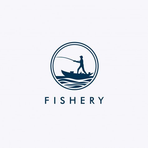 Fishery logo with fisherman silhouette | Premium Vector #Freepik #vector Fisherman Logo Design, Fishing Logo Design Ideas, Fishing Logo Design, Fishing Logos, Fisherman Logo, Fisherman Silhouette, Logo Site, Boat Logo, Fishing Logo