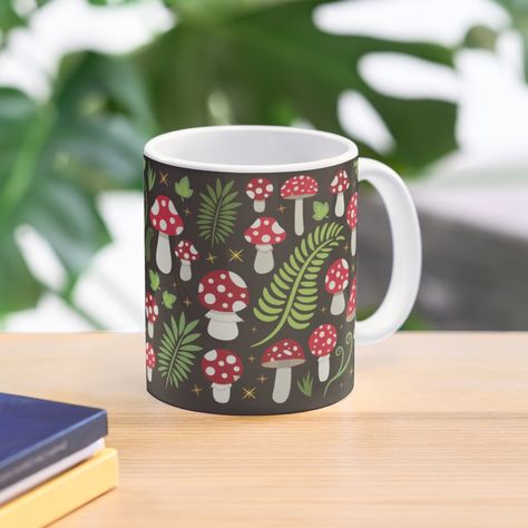 "Magic Forest Red Mushrooms" Mug by runningfoxes | Redbubble Mushroom Pottery Painting, Mushroom Mugs, Aesthetic Mugs, Red Mushrooms, Ceramic Cafe, Mushroom Paint, Merch Design, Girl Drawing Sketches, Mushroom Coffee