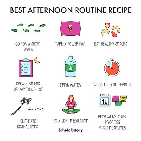 The Fabulous - Self Care on Instagram: “Introducing.. the best afternoon routine recipe! How many of these can you do this afternoon? 👀 Find more afternoon exercises and habits…” Fabulous App, Afternoon Routine, Organizing Life, Daily Schedule Template, Healthy Eating Snacks, Routine Checklist, After School Routine, Parenting Tools, Morning Habits