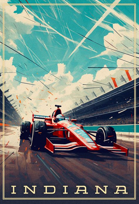 Feel the adrenaline of the racetrack with this Indiana speedway art. Indianapolis hosts the Indy 500 one of America's biggest motoring events of the year and now it is immortalized in this piece. Basement Posters, Uv Poster, Tennis Art, Sports Design Ideas, Animal Printables, Vintage Poster Design, Fancy Art, Indianapolis 500, Poster Illustration