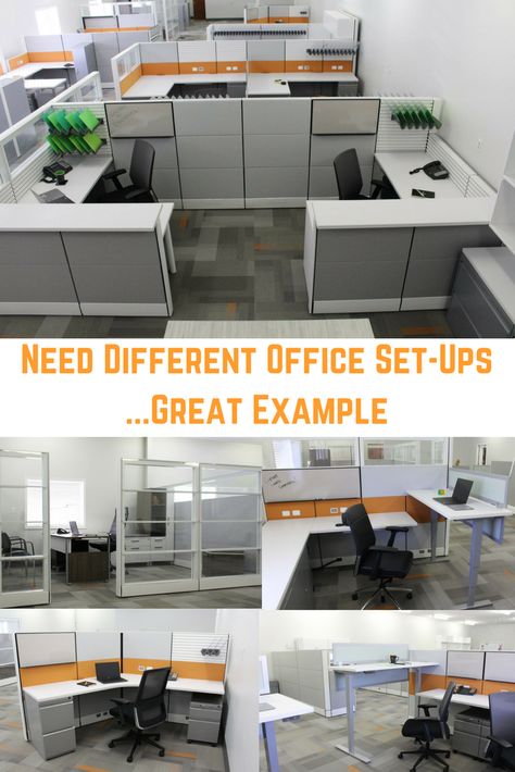 Modern Office Design showing different office set-ups for different employee needs.  Standing desk for some.  Glass office with desks for others.  Smaller cubicles for folks not always in the office or those requiring less square footage per person.  The glass is a nice accent & the pop of orange color in the carpet tiles & Herman Miller ethospace cubicle tiles is refreshing. Cubicle Layout Ideas, Cubicle Set Up Ideas, Accounting Office Design, Small Corporate Office Design, Office Decor Professional Corporate, Office Cubicle Design, Modern Office Cubicle, Open Office Layout, Cubicle Design