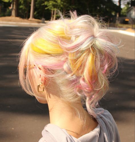 done by @choptopic on instagram Blonde Hair With Yellow Highlights, Pastel And Blonde Hair, Blonde With Yellow Highlights, Rainbow And Blonde Hair, Multi Dyed Hair, Blonde Hair Fun Color Ideas, Rainbow Dash Hair Hairstyles, Blonde Pink And Blue Hair, Blonde Hair With Colored Roots