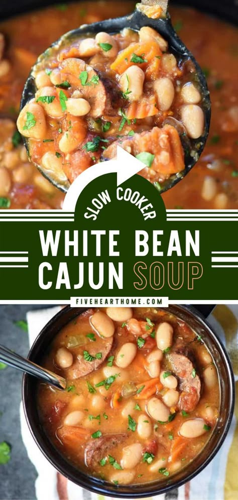 Cajun Soup, Sausage Crockpot Recipes, Andouille Sausage Recipes, Bean And Sausage Soup, Sausage And Veggies, Warm Soup Recipes, Slow Cooker Beans, Sausage Crockpot, White Bean Recipes