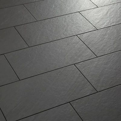 American Olean Carbon Mist Slate 12-in x 24-in Porcelain Tile (Common: 12-in x 24-in; Actual: 11.81-in x 23.81-in) at Lowes.com Dark Tile Floors, Transitional Tile, Black Floor Tiles, Dark Tile, Slate Flooring, Slate Stone, Grey Tiles, Black Tiles, Slate Tile