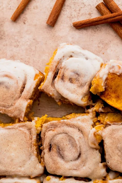 Pumpkin Cinnamon Rolls - Stephanie's Sweet Treats Pumpkin Gingersnap Sweet Rolls, Pumpkin Filled Cinnamon Rolls, Homemade Pumpkin Cinnamon Rolls, Cinnamon Rolls With Pumpkin Filling, Pumpkin Chai Cinnamon Rolls, Pumpkin Pie Cinnamon Rolls, Pumpkin Spice Cinnamon Rolls, Pumpkin Breakfast Recipes, Pumpkin Rolls