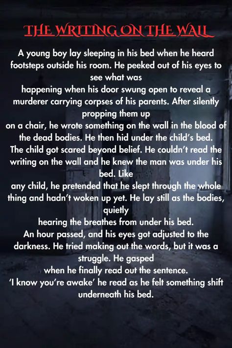 Scary stories that will keep you up all night.
Creepypasta that will make you question everything.
Haunted house stories that will make you never want to go inside again. Scary Bedtime Stories, Grotesque Things To Add To Your Story, Scary Folklore, Scary Stories With A Twist, Scary Halloween Stories, Scary Short Stories, Scary Urban Legends, Haunted House Stories, Short Scary Stories