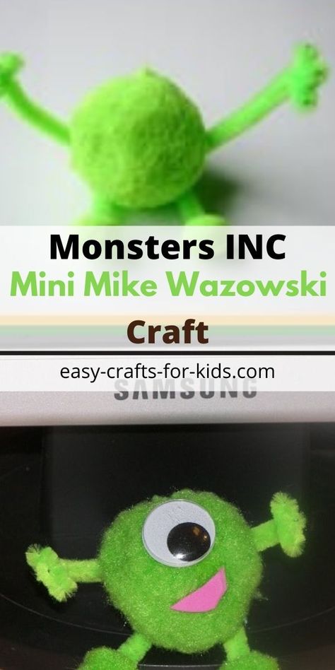 Mini Mike Wazowski Monsters Inc craft for kids - learn how to make this pom pom monster Pixar Crafts, Monsters Inc Crafts, Monster Crafts For Kids, Diy Backdrop Ideas, Easy Paper Crafts For Kids, Kids In Love, Monster Crafts, Momma Bear, Mike Wazowski