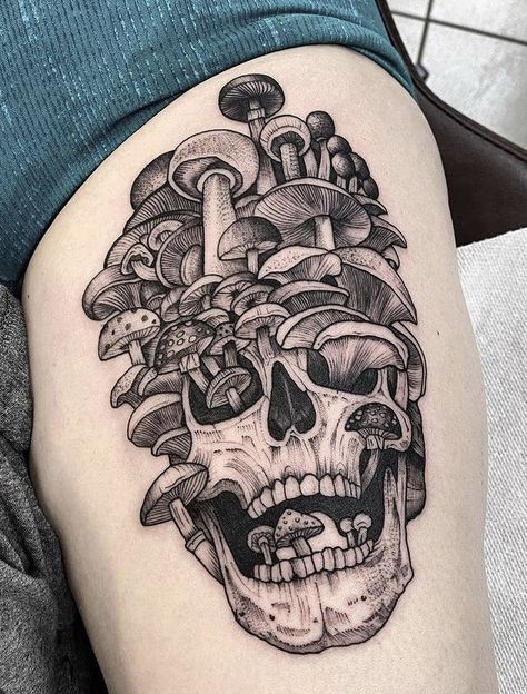 Mushroom Tattoo Around Knee, Mushroom And Skull Tattoo, Skull Mushrooms Tattoo, Mushroom Skull Tattoo, Shroom Tattoo, Skull Thigh Tattoos, Dr Tattoo, Mushroom Skull, Flower Of Life Tattoo