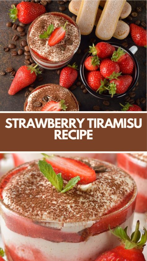 Strawberry Tiramisu recipe made of layers of coffee-soaked ladyfingers and creamy strawberry mascarpone; serves 6 takes about 30 minutes to prepare, followed by chilling, creating a delightful dessert for any occasion. Bunco Desserts, Strawberry Tiramisu Recipe, Strawberry Mascarpone, Strawberry Tiramisu, Strawberry Dessert Recipes, Tiramisu Recipe, Coffee Cookies, Fruity Desserts, Mascarpone Cheese