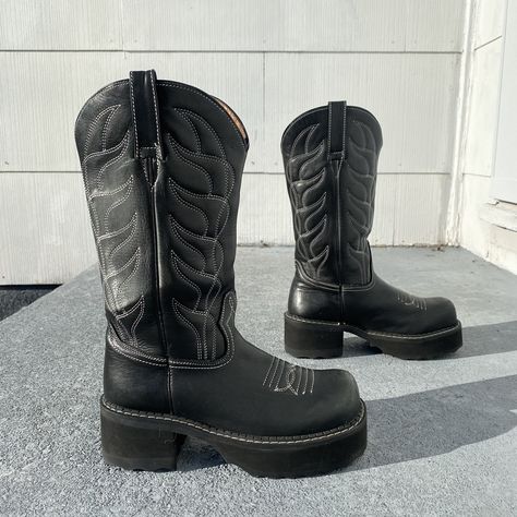 Emo Cowboy Boots, Chunky Cowboy Boots, Platform Cowgirl Boots, Goth Cowgirl Boots, Goth Cowboy Boots, Biker Boots Women's, Chunky Boots Heels, Goth Cowgirl Aesthetic, Platform Cowboy Boots