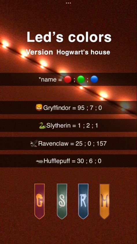 Harry Potter Led Light Colors, Hogwarts Houses Colors, Led Light Color Diy Christmas, Harry Potter Led Lights, Christmas Led Lights Diy Colors, Led Light Combos, Cute Led Light Colors, Custom Led Light Colors, Led Combinations