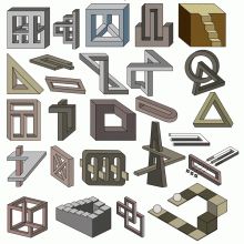 This is a collection of 20 impossible objects drawn in a 2D CAD program and transformed into vector art format. Drawing Illusions, Hypnotic Pattern, Impossible Objects, Escher Art, Impossible Shapes, Penrose Triangle, Illusion Pictures, 3d Sketch, Funny Items