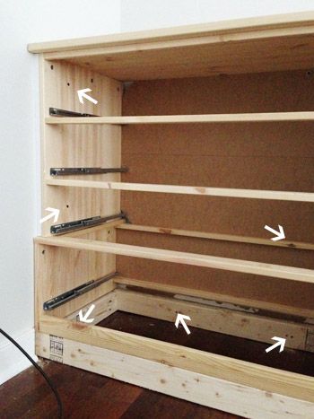 How to make free standing dressers look built in - cut baseboard, use trim to cover any gaps on the side, add a base so baseboard can wrap around the bottom yet not block the drawers from opening, secure dresser to wall. Built In Drawers In Wall Bedroom, Make Dresser Look Built In, Add Shelves To Dresser, Diy Dresser Built In, Diy Built In Dresser In Closet, Diy Built In Drawers, Dresser Built Into Wall, Dresser In Wall, Diy Built In Dresser In Bedroom