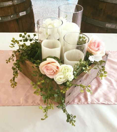 Floral Candle Centerpieces, Wood Centerpieces Wedding, Box Wedding Centerpieces, Flower Box Centerpiece, Wood Box Wedding, Blush Centerpiece, Wooden Box Centerpiece, Purple Quince, Wood Box Centerpiece