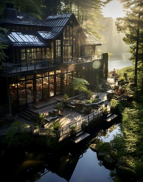 Cabins In The Woods Near Water, Nature Mansion Aesthetic, Houses Near Lake, Modern Nature House Aesthetic, Dark House In Woods, Large House In The Woods, House Next To River, Washington Forest House, Cool House Outside