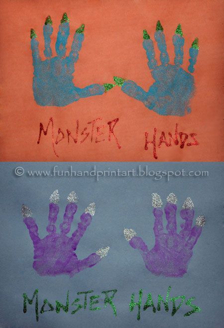 Handprint Monster Hands craft for kids Hand Art Projects, Hands Craft, Monster Hands, Halloween Art Projects, Monster Crafts, October Crafts, Dough Ornaments, Halloween Arts And Crafts, Halloween Preschool